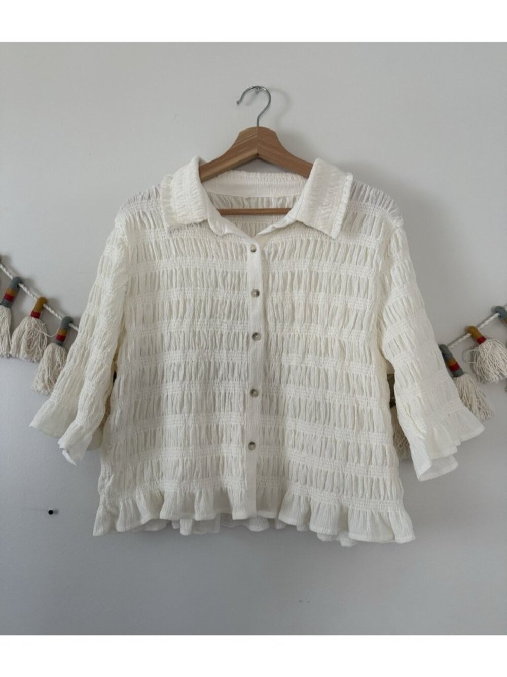 Anthropologie Maeve Smocked Button Front Top Ivory Crinkle Coquette Milkmaid L